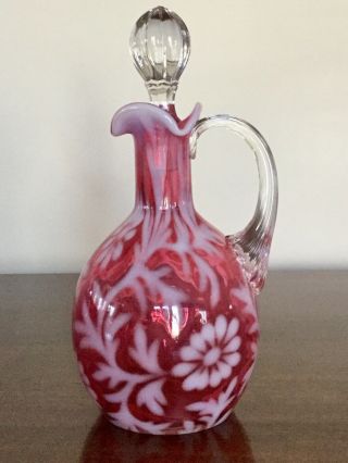 Antique Vintage Cranberry Opalescent Glass Daisy & Fern Cruet Fenton?