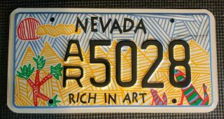 Nevada - Rich In Art - Colorful Graphic Arts License Plate " Ar 5028 " Nv