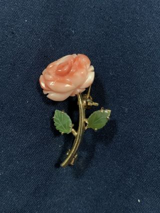 Vintage Pink Coral Rose Flower & Jade Leaf Gold Tone Brooch/pin/pendant