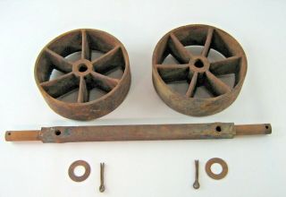 (2) Antique Industrial Cart Cast Iron Spoked Wheels 7 7/8 " X 2 1/2 " W/axle