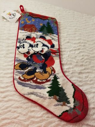 Vintage Needlepoint Christmas Stocking Disney Mickey & Minnie Mouse Handmade
