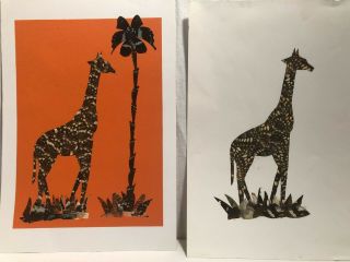 2 Vintage African Folk Art Handmade Butterfly Wing Art Giraffes