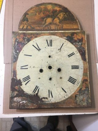 Antique Grandfather Clock Dial W/ Hand Painted Horse Drawn Plow Farm Scene