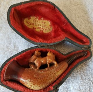Antique 1800s Carved Meerschaum & Amber Figural Hunting Dogs Pipe W/case