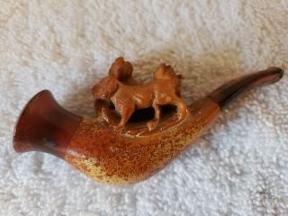Antique 1800s Carved Meerschaum & Amber Figural Hunting Dogs Pipe w/Case 2
