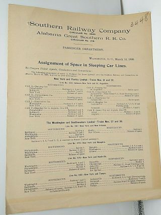 1898 Southern Railway Co.  Alabama Great Southern Sleeping Car Space Assignment