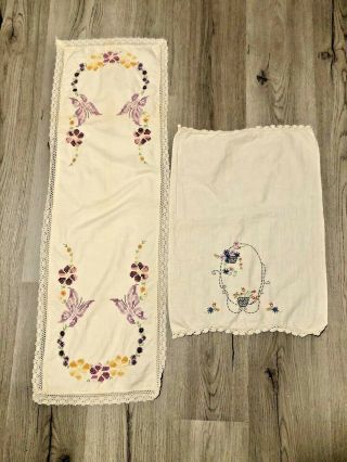 Vintage Hand Embroidered Linen Set Of 2 Butterfly Floral Stains