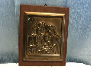 Vintage Holy Family 3d Brass On Wood Plaque Jesus Mary Joseph Catholic Religious