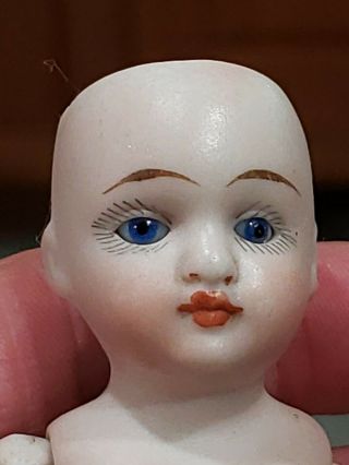 Antique French? 4 " All Bisque Doll Blue Glass Eyes