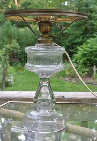 Vintage Clear Glass Banquet Table Electrified Oil Lamp With Brass Rim Shade