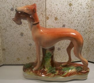 Fine Antique Staffordshire Statue Figurine Hunting Dog With Rabbit In Mouth