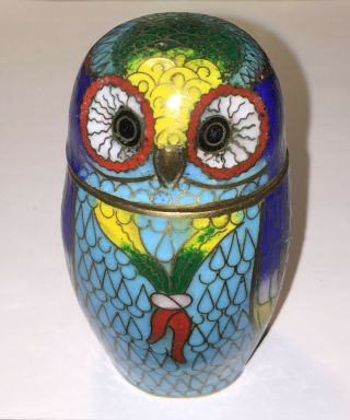 Vintage Hand - Made Cloisonne Enamel & Brass Owl Trinket Box Jar Toothpick Holder