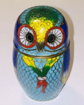 Vintage Hand - Made Cloisonne Enamel & Brass Owl Trinket Box Jar Toothpick Holder 2