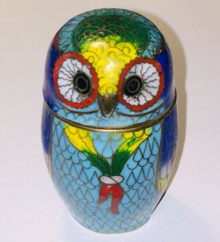 Vintage Hand - Made Cloisonne Enamel & Brass Owl Trinket Box Jar Toothpick Holder 3