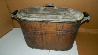 Antique / Vintage Large Copper Boiler Pot / Wash Tub & Lid Wood Handles