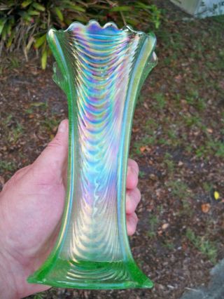 Antique Northwood Carnival Glass Ice Green Drapery Vase Signed