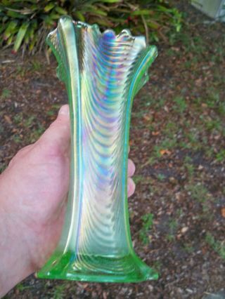 Antique Northwood Carnival Glass Ice Green Drapery Vase Signed 2