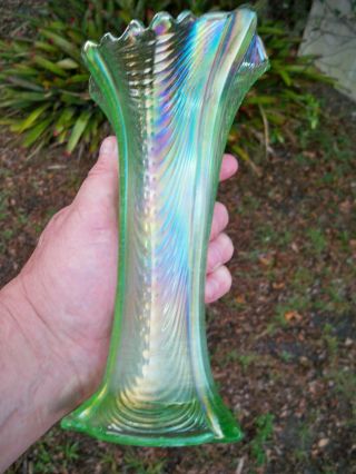 Antique Northwood Carnival Glass Ice Green Drapery Vase Signed 3