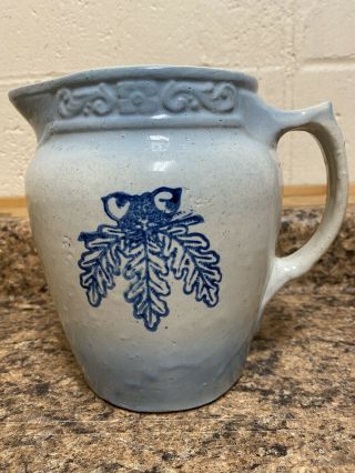 Antique Blue White Salt Glaze Stoneware Crock Pitcher Acorn Oak Leaves