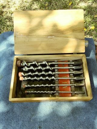 Vintage Irwin 6 Wood Drill Bits With Wood Case Set ? S 16 10 2 8 5 4