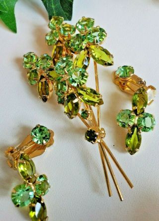 Vintage Juliana Olive & Lime Green Rhinestone Flower Brooch And Earrings Set