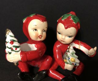 Vintage 1950s Pixies Elves Ceramic Candle Climbers Japan Christmas Hf Co.  P - 260