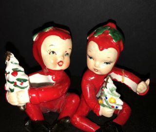 VINTAGE 1950s PIXIES ELVES Ceramic CANDLE CLIMBERS Japan Christmas HF Co.  P - 260 2
