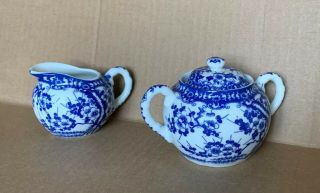 Set Of 2 Vtg Blue&white Porcelain Asian Blossoms Designed Sugar Bowl & Creamer