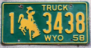 1958 Yellow On Green Wyoming Truck License Plate 1 = Natrona County