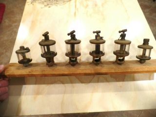6 Antique Hit And Miss Brass Engine Oilers On Wood Stand Lonergan Arcadia Mich