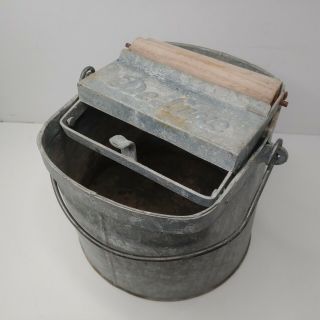 Vintage Deluxe Galvanized Metal Mop Bucket Pail Wooden Rollers Wringer Holds H2o