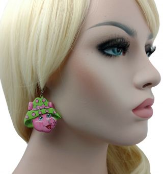 Pink Pig Green Hat Dangle Wood Hand Painted Charm Pierced Earrings Vintage 2 "