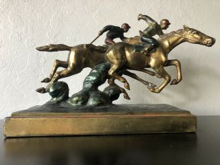 Antique Paul Herzel Bronze Clad Signed Jockey Horse Sculpture