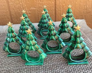 Set Of 10 Vintage Ceramic Green Christmas Tree Napkin Rings