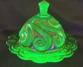 Antique Dugan Green Vaseline Glass With Gold Gilt S Repeat Covered Butter Dish