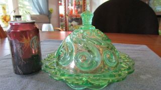 ANTIQUE DUGAN GREEN VASELINE GLASS WITH GOLD GILT S REPEAT COVERED BUTTER DISH 2