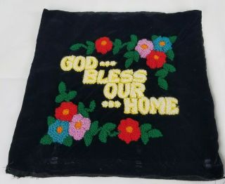 Vintage Punch Needle Velvet Throw Pillow Cover 17 " God Bless Our Home Floral