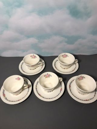 Vintage Harker Royal Gadroon Set Of 5 Tea Cups With Saucers " Bouquet " Pattern