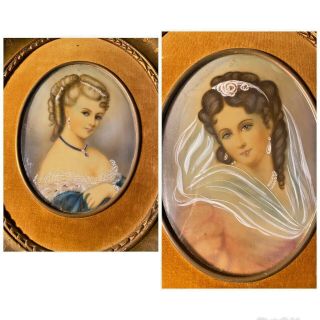 Antique Victorian Pair Hand Painted Signed Portraits Ornate Frames Made In Italy