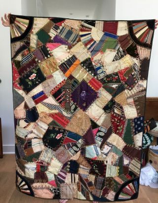 Antique Crazy Quilt,  Silk And Velvet,  With Gorgeous Fabrics And Embroidery