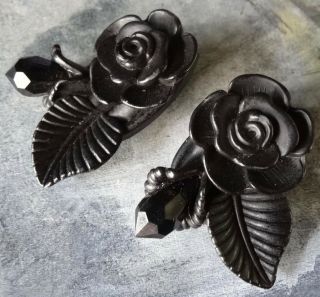 Vintage Jet Black Lucite 3d Rose Flower Big Statement Clip On Earrings - N119