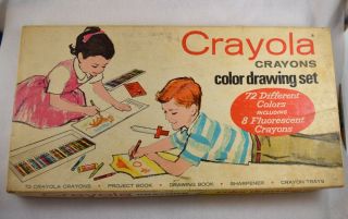 Vintage Crayola Crayons Color Drawing Set No.  72 With 8 Fluorescent & Sharpener