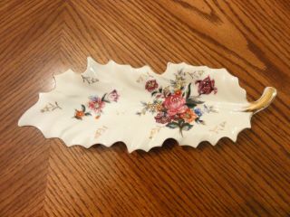 Vintage Arnart Porcelain Leaf Shaped Dish Purple Flowers Gold Trim 10 " Japan