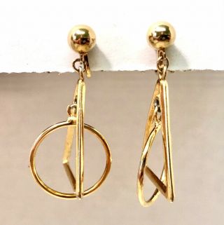 Trifari Vintage 90’s Signed Gold Tone Circle & Triangle Dangle Clip On Earrings