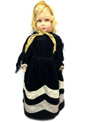 Lovely Vintage Cloth Girl Doll,  Blonde Hair Brown Eyes 16 ",  Black Dress Lenci