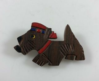 Vintage Carved Wood Figural French Scottie Dog Smoking A Pipe Pin Brooch Painted