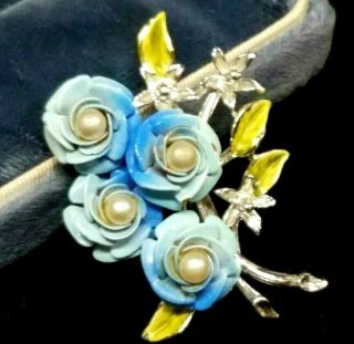 Vintage Blue Green Enamel Metal Faux Pearl 3d Roses Flowers Bouquet Brooch Pin