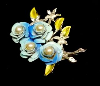 Vintage Blue Green Enamel Metal Faux Pearl 3D Roses Flowers Bouquet Brooch Pin 2