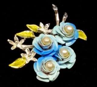 Vintage Blue Green Enamel Metal Faux Pearl 3D Roses Flowers Bouquet Brooch Pin 3