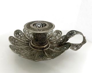 An Antique Continental - Russian (?) Silver Filigree Candlestick Holder